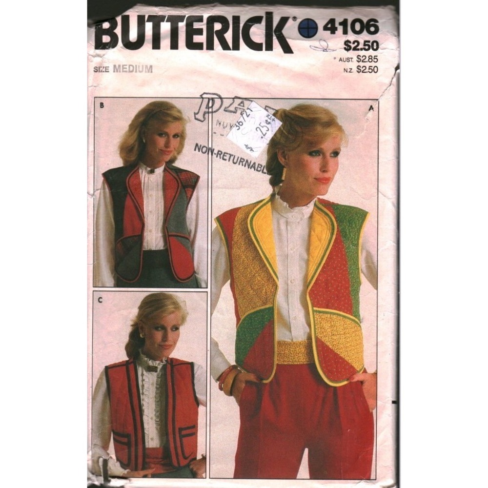 Vintage Butterick 4106 Sewing Pattern Misses Vests Patchwork Quilted Size Medium